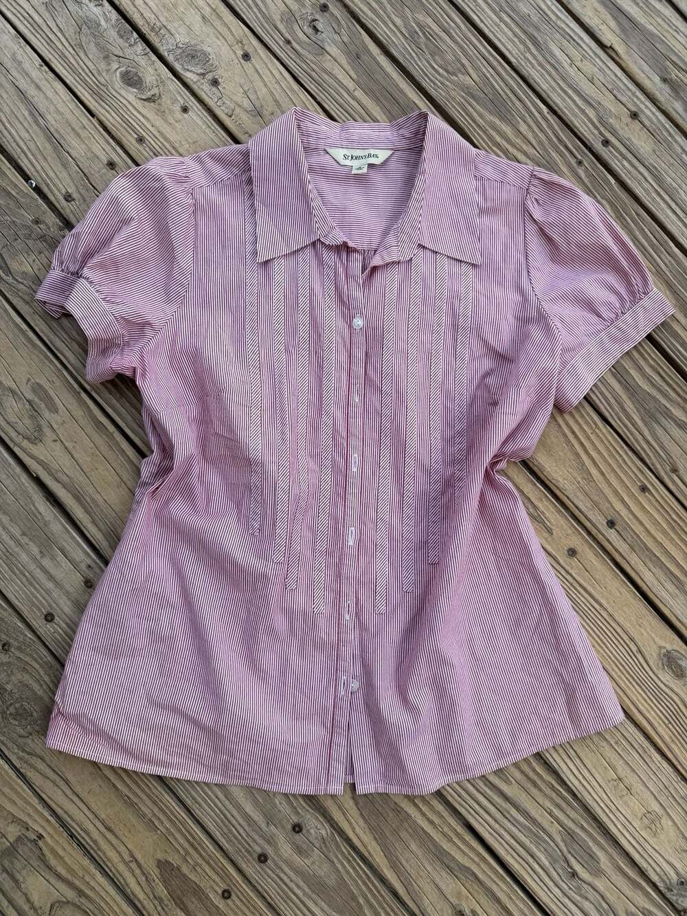 St. John's Bay Red and White Striped Pleated Button-Down Top